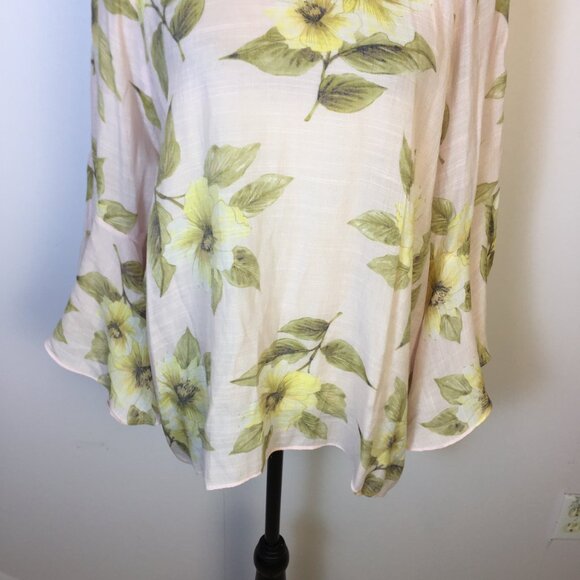 LC Lauren Conrad Blouse Tunic Top XL Womans Pink Yellow Floral Long Bell Sleeve - Picture 12 of 15